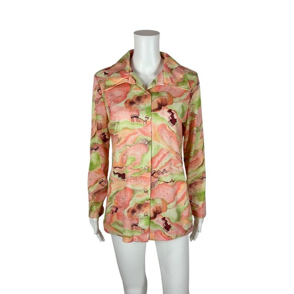 Vintage 70s Castle Blouse Women's Large Cloud Novelty Print Green Pink Top - Picture 1 of 10